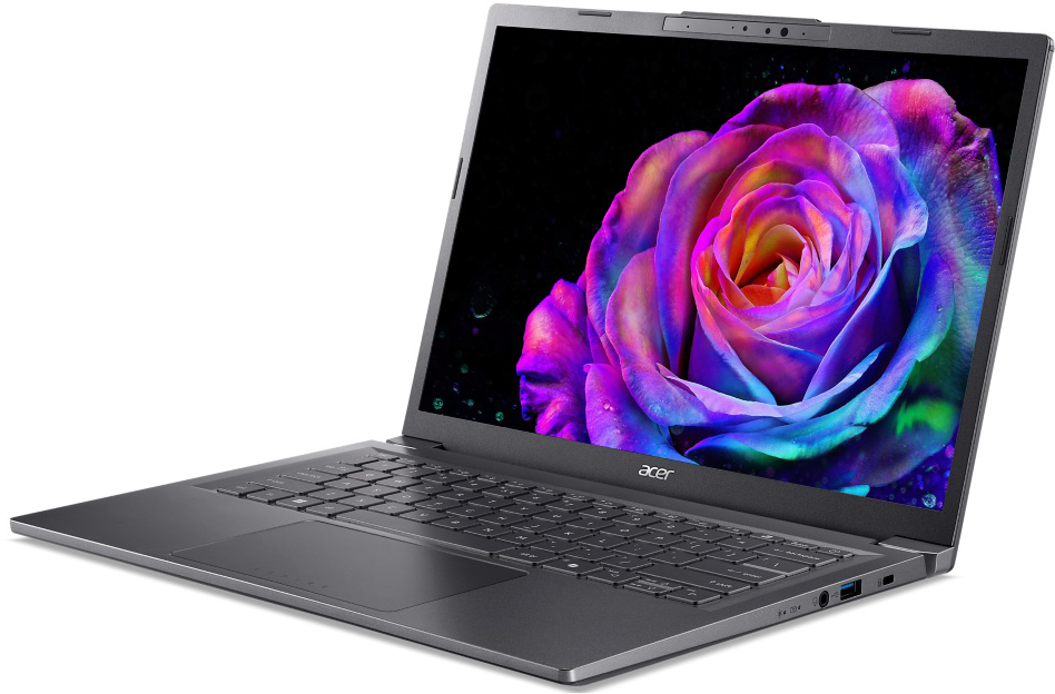 Egy szürke Acer laptop nyitva, egy élénk rózsa képpel a képernyőn. A billentyűzet látható, a laptop fehér háttér előtt van.