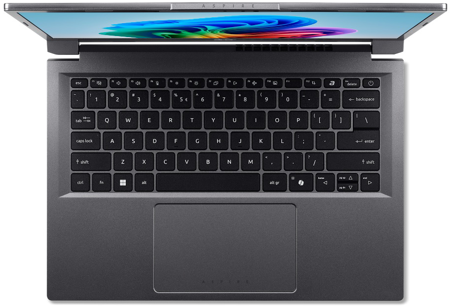 Felülnézet egy laptopról. A képernyő színes örvényeket jelenít meg. Billentyűzet és érintőpad látható.