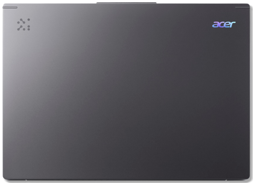 Sötétszürke laptopfedél Acer logóval a jobb felső sarokban. A bal felső sarokban egy design található.