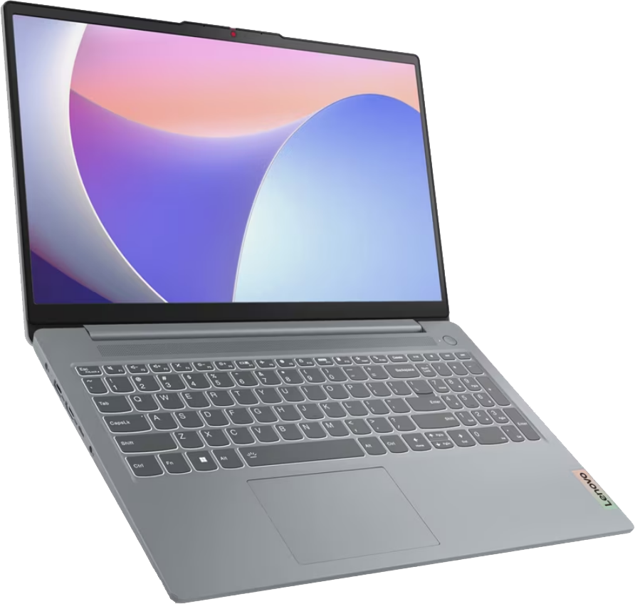 Egy szürke Lenovo laptop nyitva, enyhén ferde. A képernyő egy lila és fehér absztrakt dizájnt jelenít meg. A billentyűzet látható.
