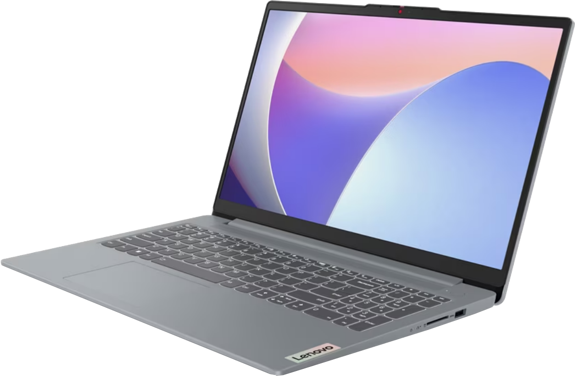 Egy szürke Lenovo laptop nyitva van, színes, absztrakt háttérképpel. A billentyűzet és a touchpad látható.