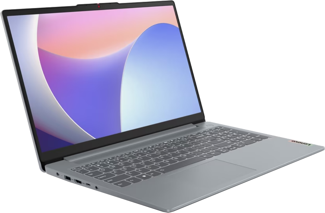 Egy szürke Lenovo laptop nyitva van, színes, absztrakt háttérképet mutatva. A billentyűzet és a touchpad látható. A háttér fehér.