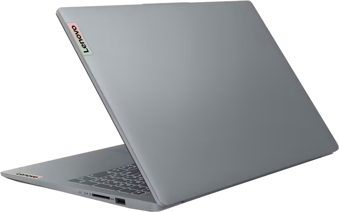Egy szürke Lenovo laptop kissé nyitva van, a billentyűzet látható. A Lenovo logó látható a fedélen. A háttér egyszínű fehér.