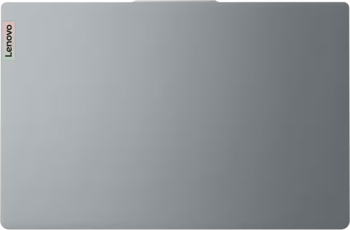 Egy szürke laptop, a Lenovo logója a bal oldalon látható.