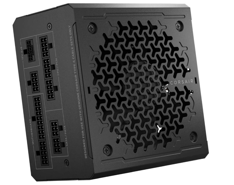 Siyah bir Corsair güç kaynağı. Anakart, CPU, SATA ve 12V için etiketlenmiş çeşitli bağlantı noktaları vardır. Ön kısımda desenli bir ızgara bulunur.