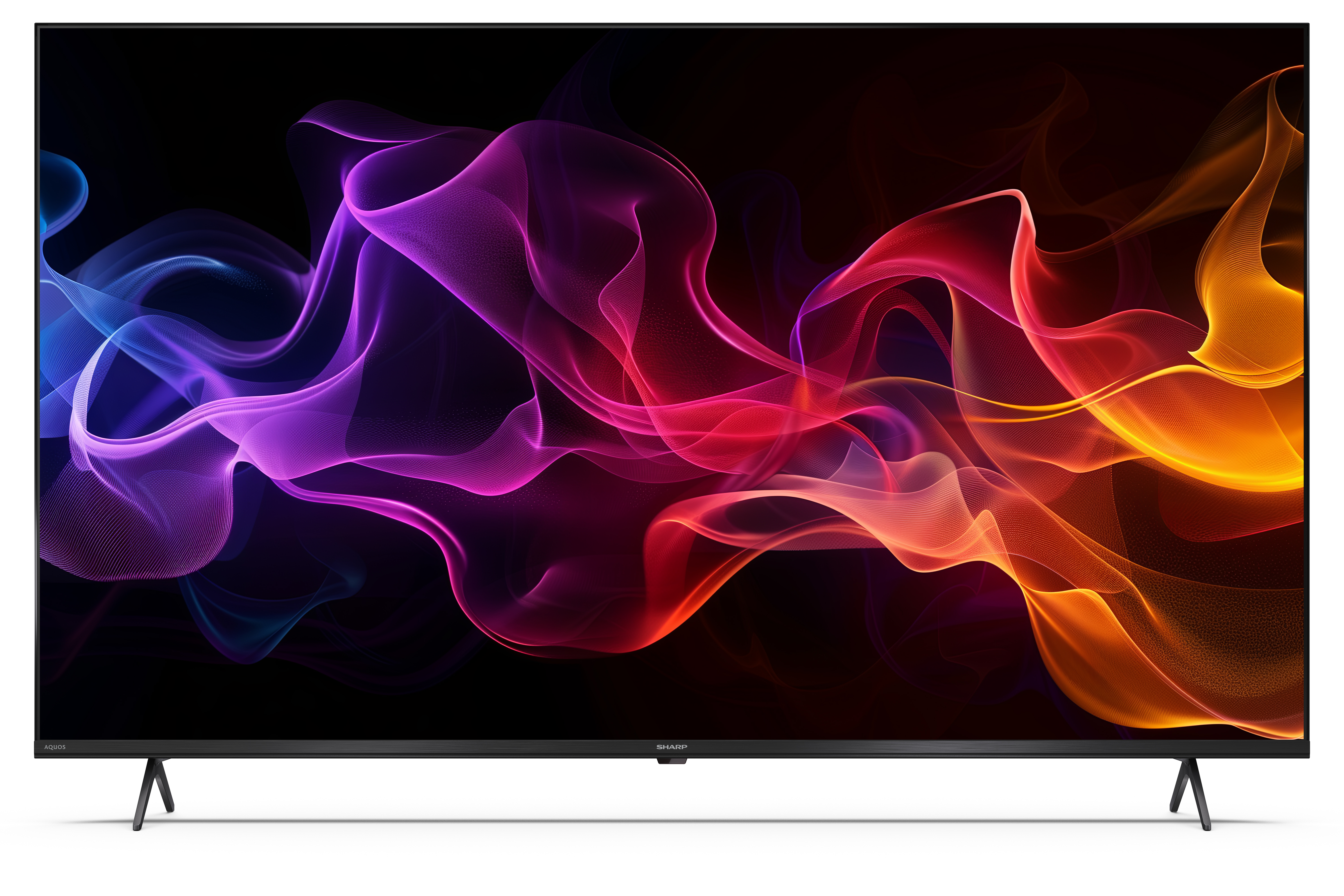 Telewizor Sharp wyświetla kolorową, abstrakcyjną grafikę. Ekran ma fioletowe, czerwone i pomarańczowe płynne kształty na czarnym tle.
