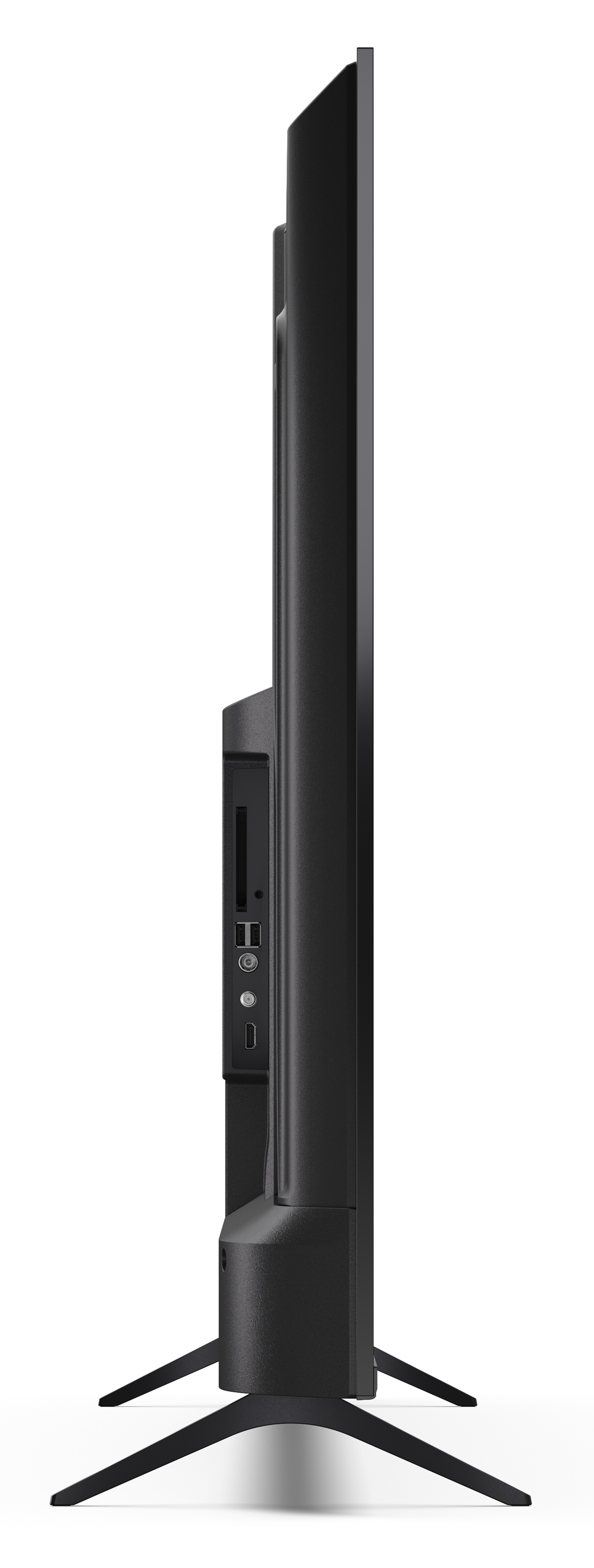 Widok z boku czarnego telewizora na białym tle. Telewizor posiada stojak i różne porty.