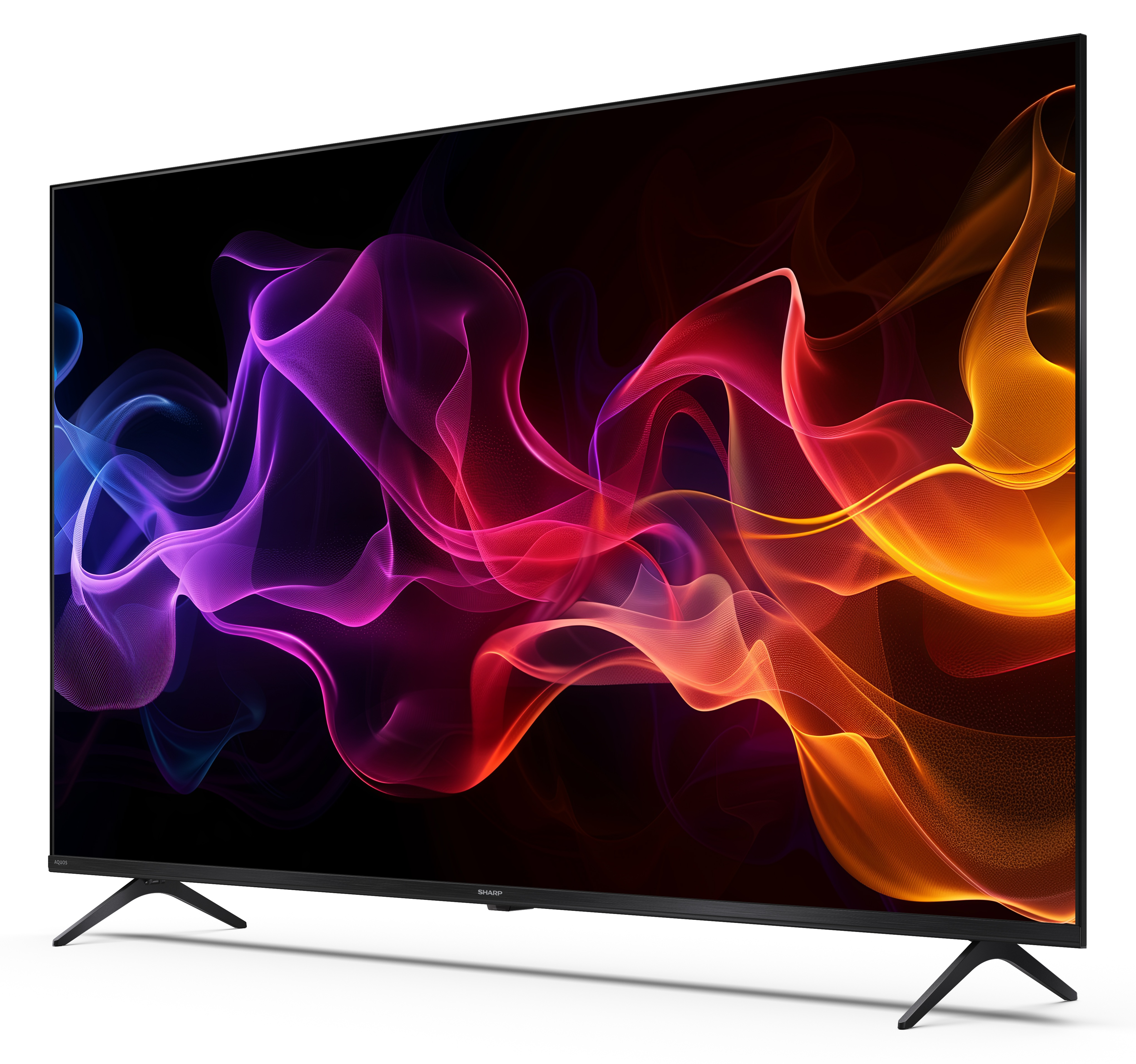 Duży, nowoczesny telewizor Sharp wyświetla kolorowe, abstrakcyjne, płynące kształty, od niebieskiego do pomarańczowego, na czarnym tle.