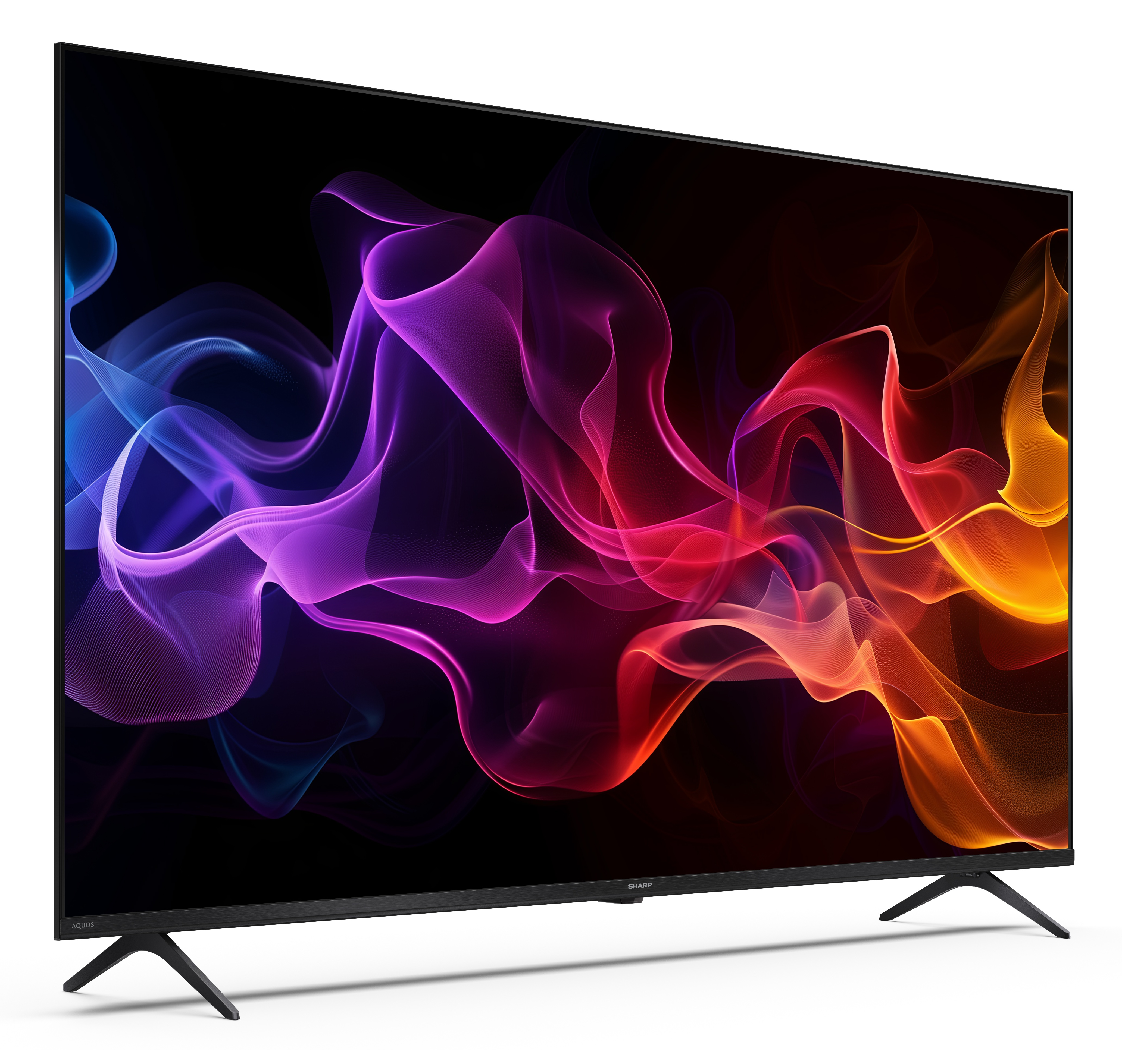 Duży telewizor z abstrakcyjnym, kolorowym, płynnym wzorem na ekranie. Czarna ramka i podstawa.