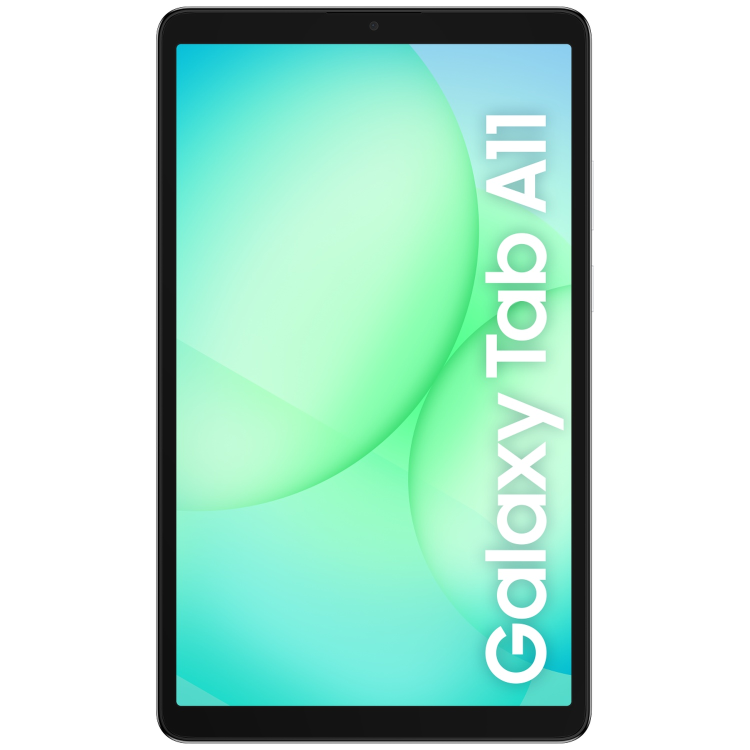 Une tablette noire Samsung Galaxy Tab A11. L'écran affiche un dégradé de vert et de bleu avec les mots Galaxy Tab A11.