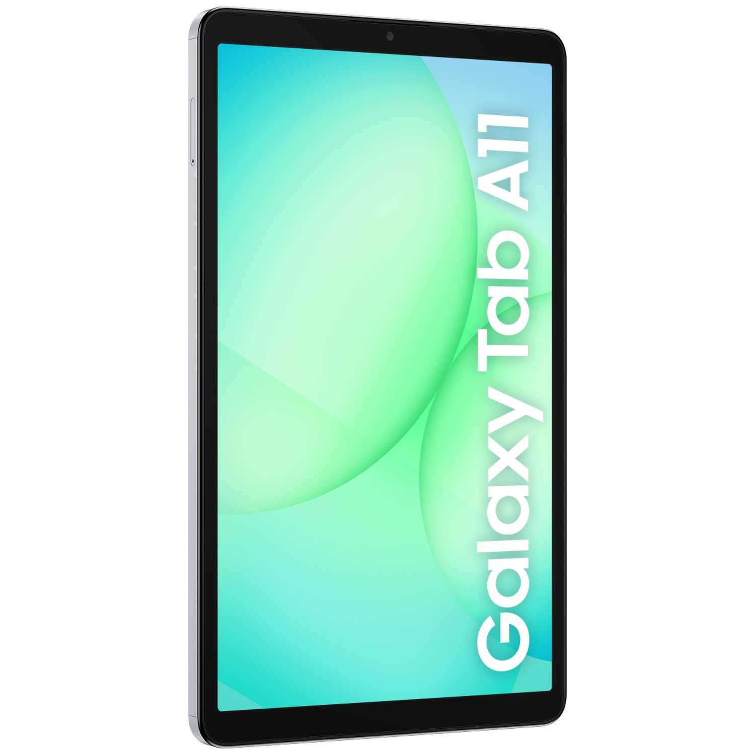 Une tablette argentée affiche un dégradé de vert et de bleu, avec "Galaxy Tab A11" écrit verticalement. La tablette est sur fond blanc.