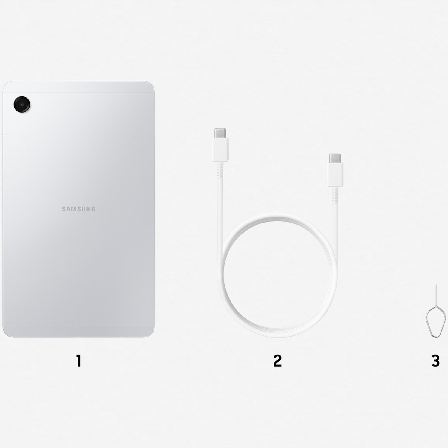 Tablette blanche, câble USB-C et outil pour carte SIM. La tablette porte le logo Samsung. Le câble est enroulé. Le tout sur fond blanc.
