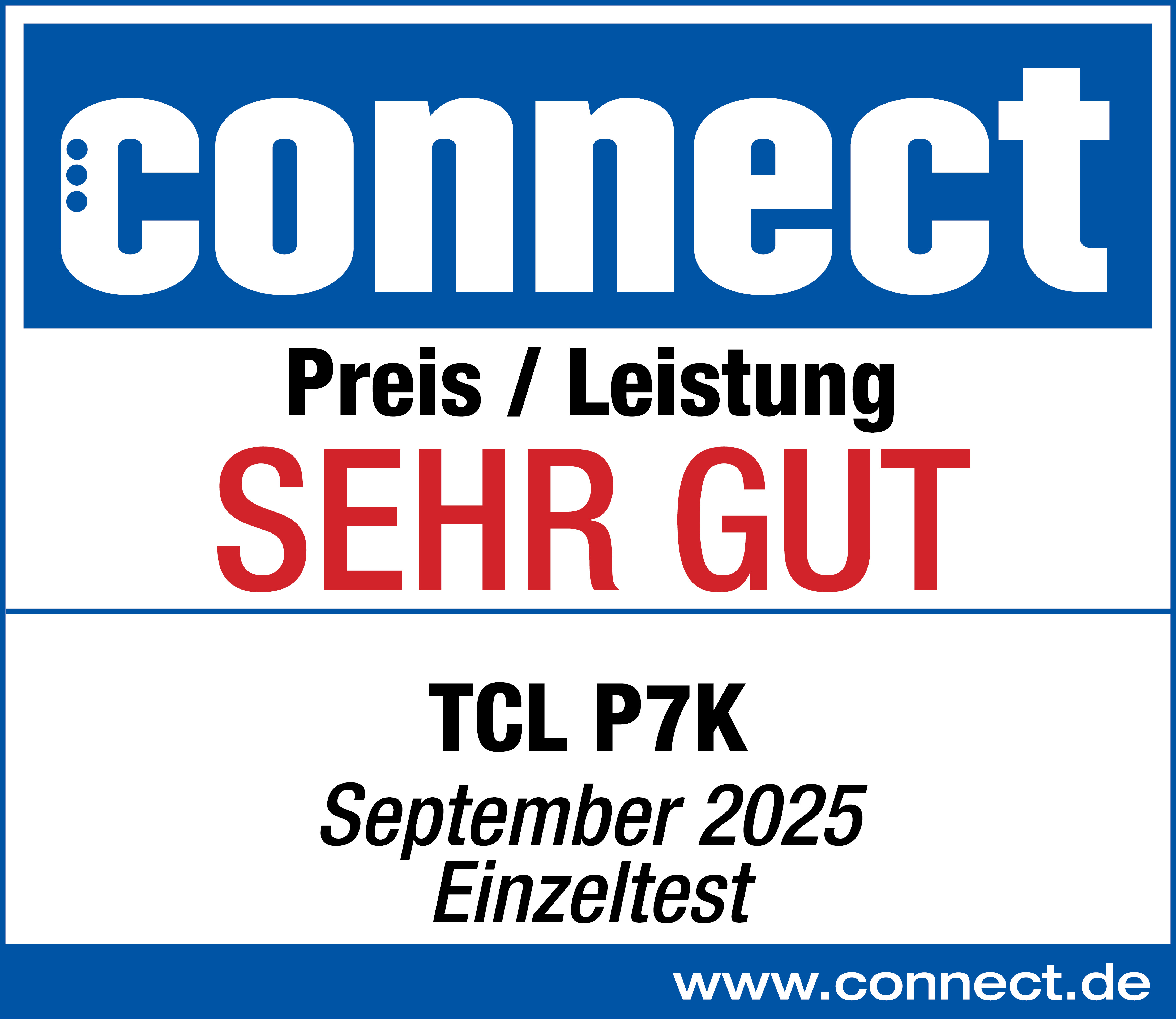 Das Bild ist ein Connect-Magazin-Cover mit Text: connect, Preis / Leistung, SEHR GUT, TCL P7K, September 2025.