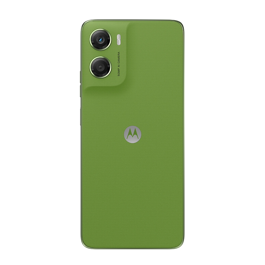 Egy zöld Motorola telefon hátulja. Felül két kameralencse és egy vaku látható. A Motorola logója középen. Ezüst szegély a széleken.