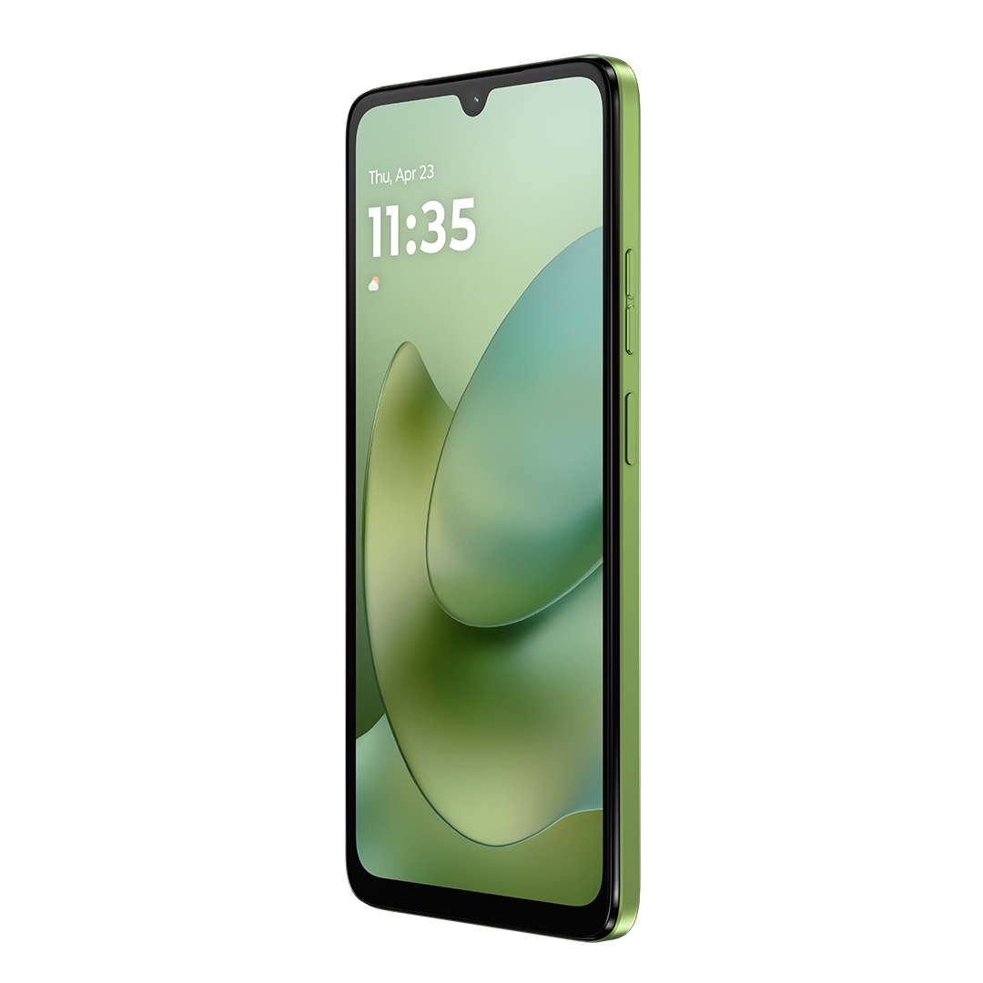 Egy zöld okostelefonon az idő, a dátum és egy zöld absztrakt design látható. A telefon enyhén szögben van, látszanak az oldalsó gombok.