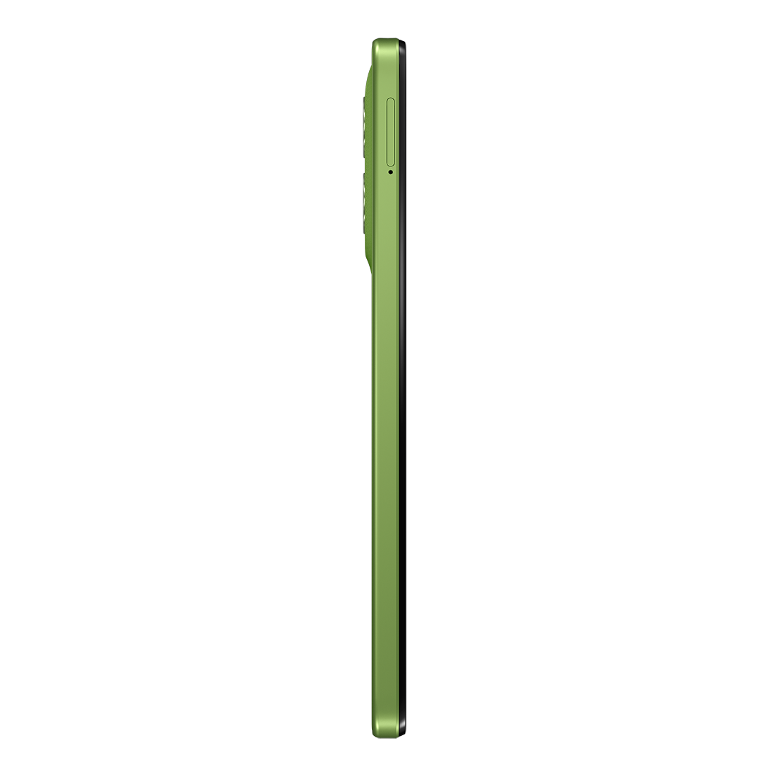 Egy zöld okostelefon oldalsó nézete. A telefon vékony, hangerőszabályzóval és egy gombbal az oldalán. A háttér fehér.