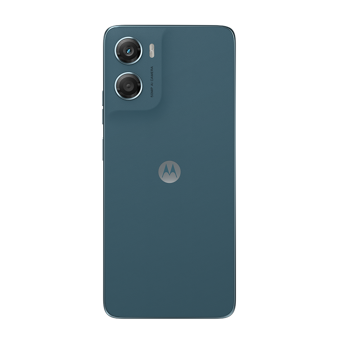 Teal színű Motorola okostelefon hátlapja. Két kamerája, egy villanófénye és a Motorola logója van. A telefon fehér háttér előtt látható.