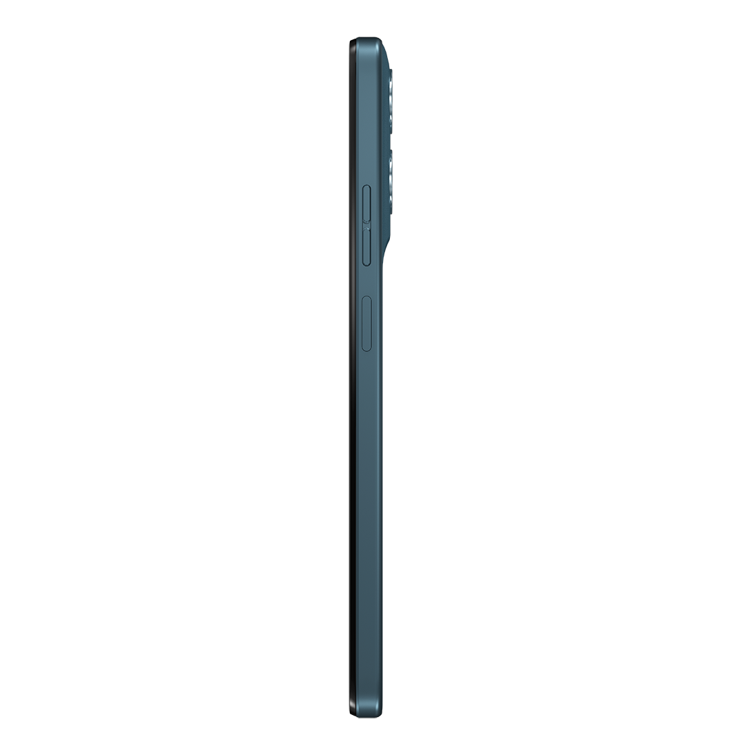 Egy sötét türkiz okostelefon oldalsó nézete. Hangerő- és bekapcsológombok láthatók. A telefon széle sötét és letisztult.
