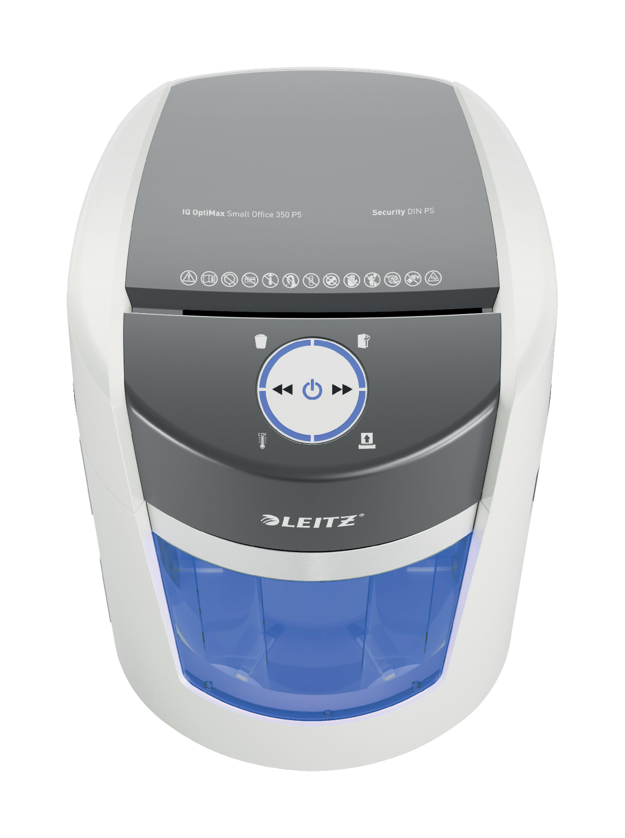 Ein Leitz IQ OptiMax Aktenvernichter. Er ist weiß und grau, mit einem blauen Abfallbehälter. Das Bedienfeld hat Knöpfe und Symbole.