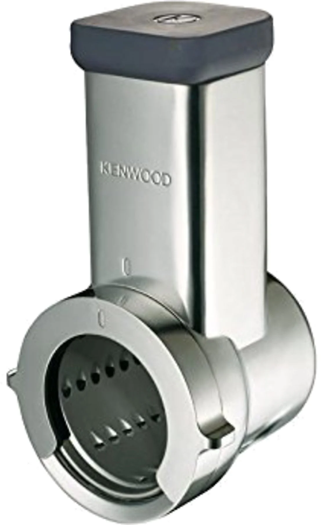 Ein Kenwood-Lebensmittelreibe aus Metall. Sie hat eine quadratische Oberseite, einen zylindrischen Körper mit dem Markennamen und einen runden Reibekopf.