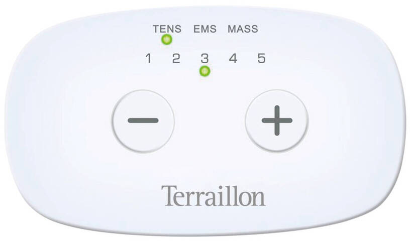 Weißes Gerät mit Knöpfen und Anzeigen. Beschriftet mit TENS, EMS, MASS. Hat Minus- und Plus-Tasten und die Marke 'Terraillon'.