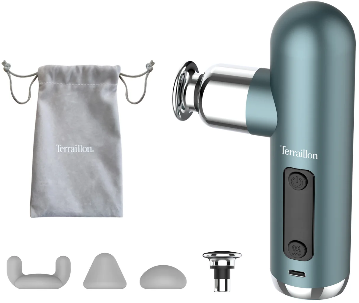 Eine türkisfarbene Massagepistole, ein grauer Beutel und vier Massageköpfe werden angezeigt. Die Pistole hat Knöpfe und einen USB-Anschluss. Der Beutel hat ein Terraillon-Logo.