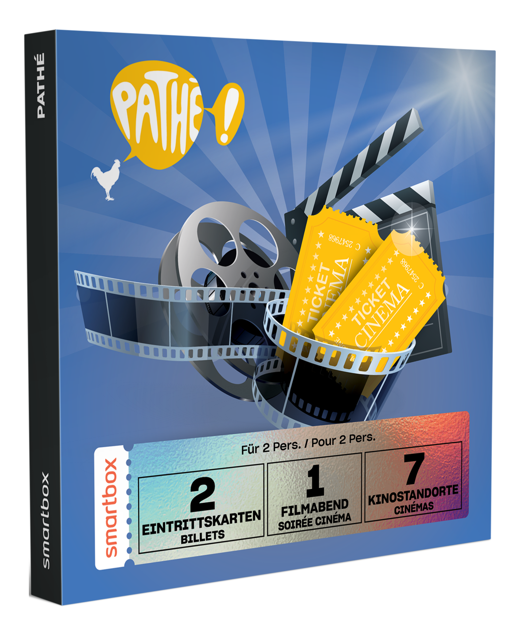 Eine Pathé Smartbox mit Filmrolle, Tickets und Klappe auf blauem Hintergrund. Enthält '2 Tickets', '1 Filmabend'.