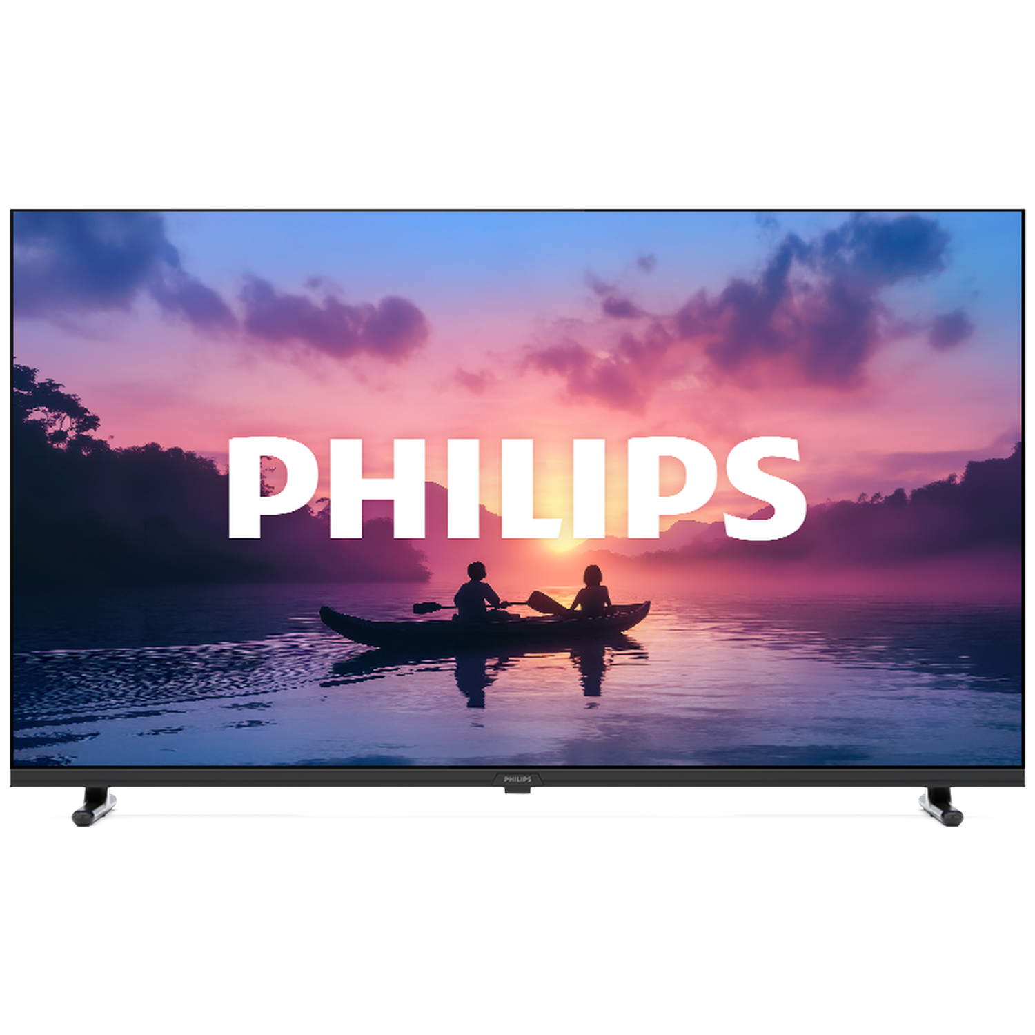 A Philips TV displays a sunset scene with a boat carrying two people on water. The word "PHILIPS" is prominently displayed.