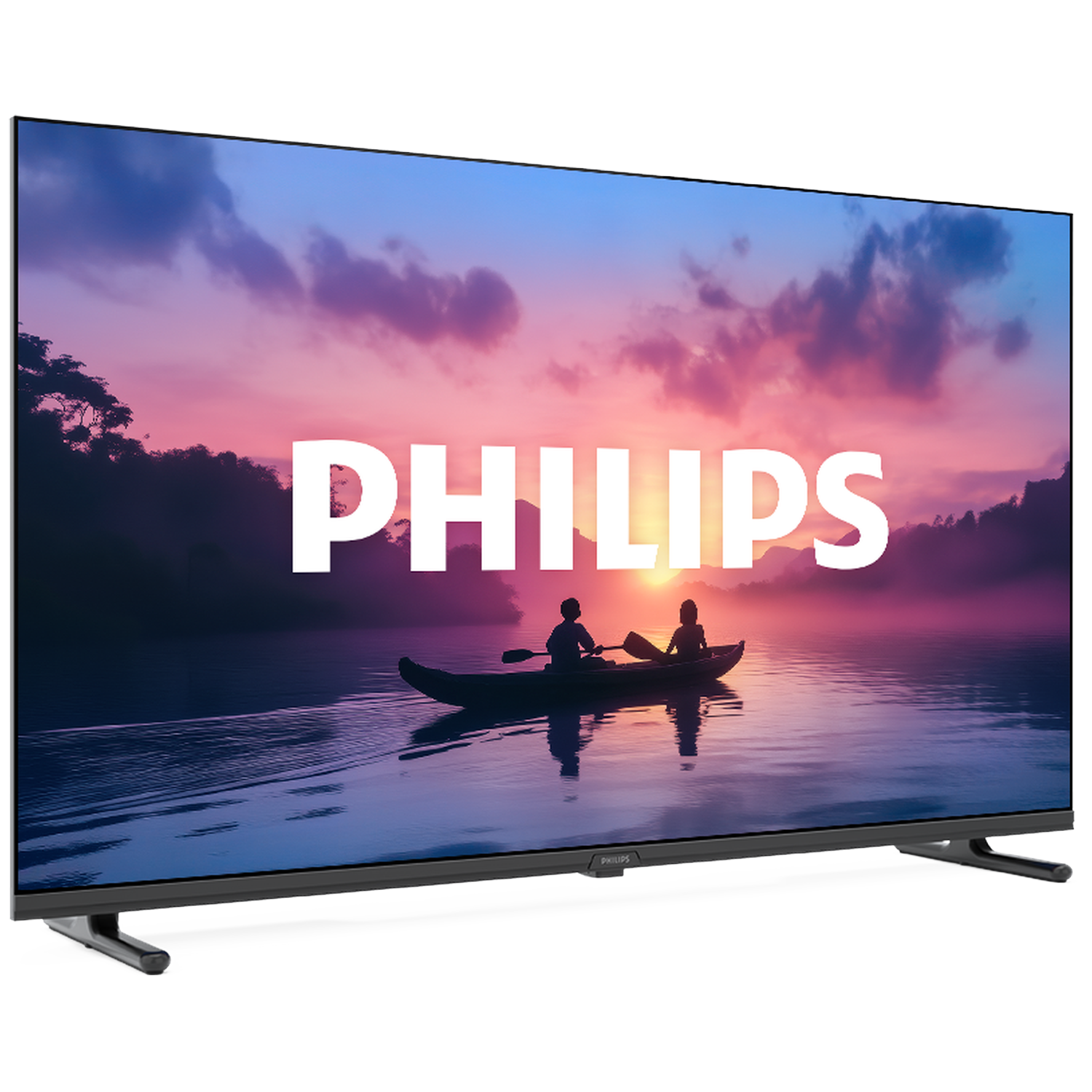 A Philips TV displays a sunset scene with two people in a boat. The word 'PHILIPS' is prominently displayed.