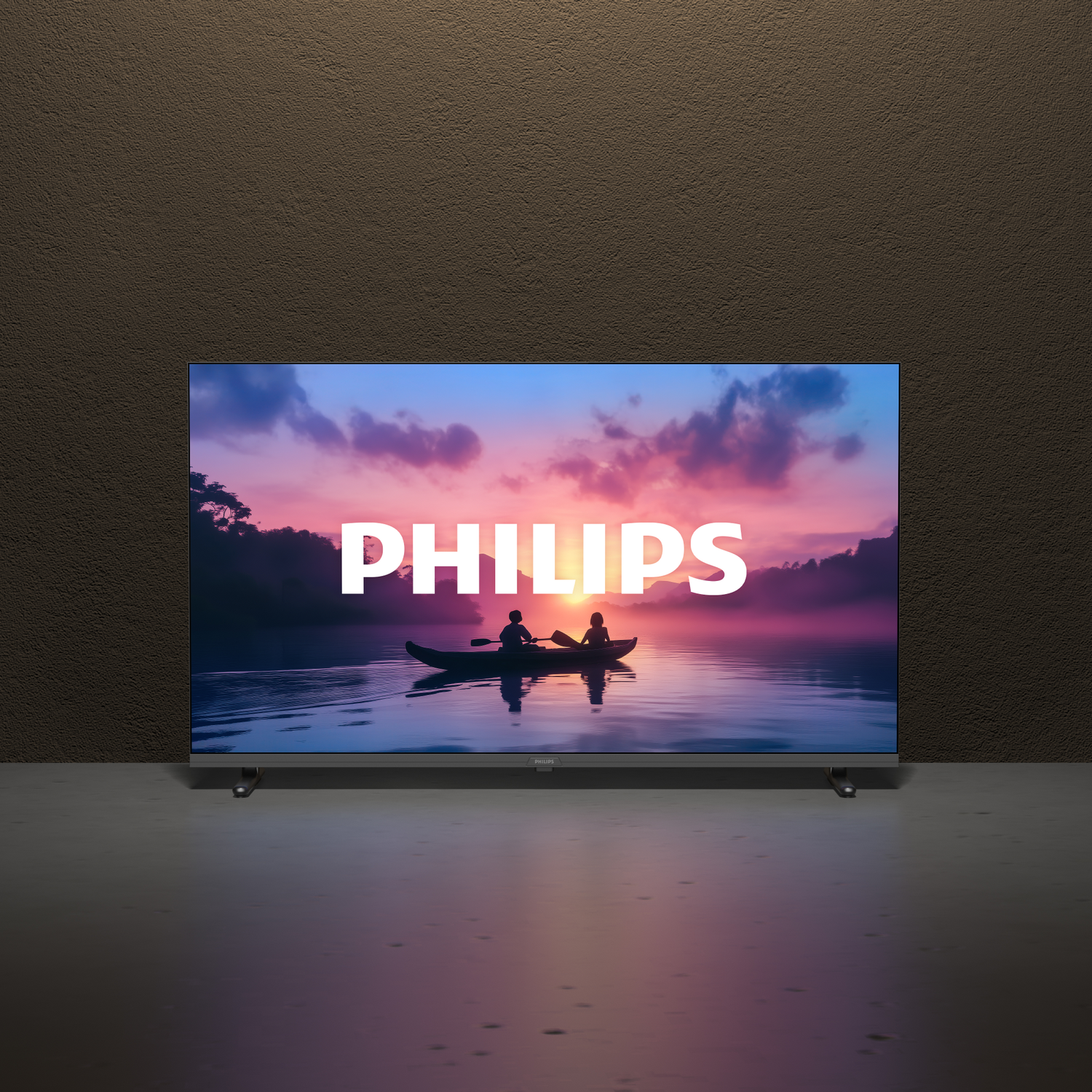 Philips TV displaying a sunset scene with a boat. The TV is on a glossy floor, against a textured brown wall.