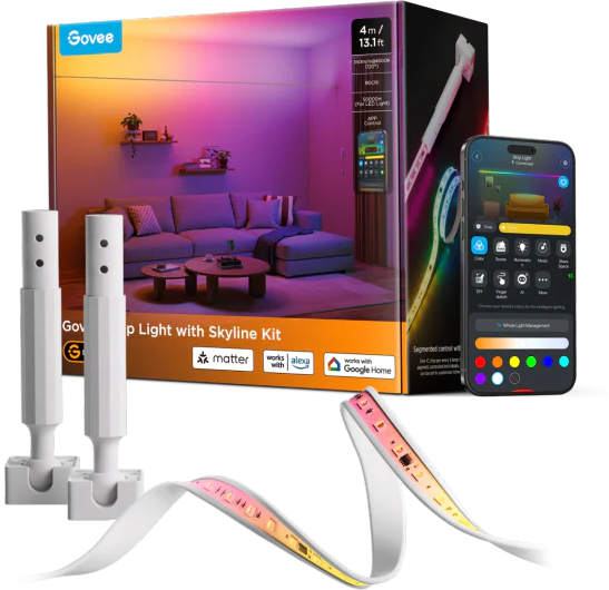 Strisce luminose Govee con kit Skyline. La scatola mostra una stanza con luci che cambiano colore, app e accessori.