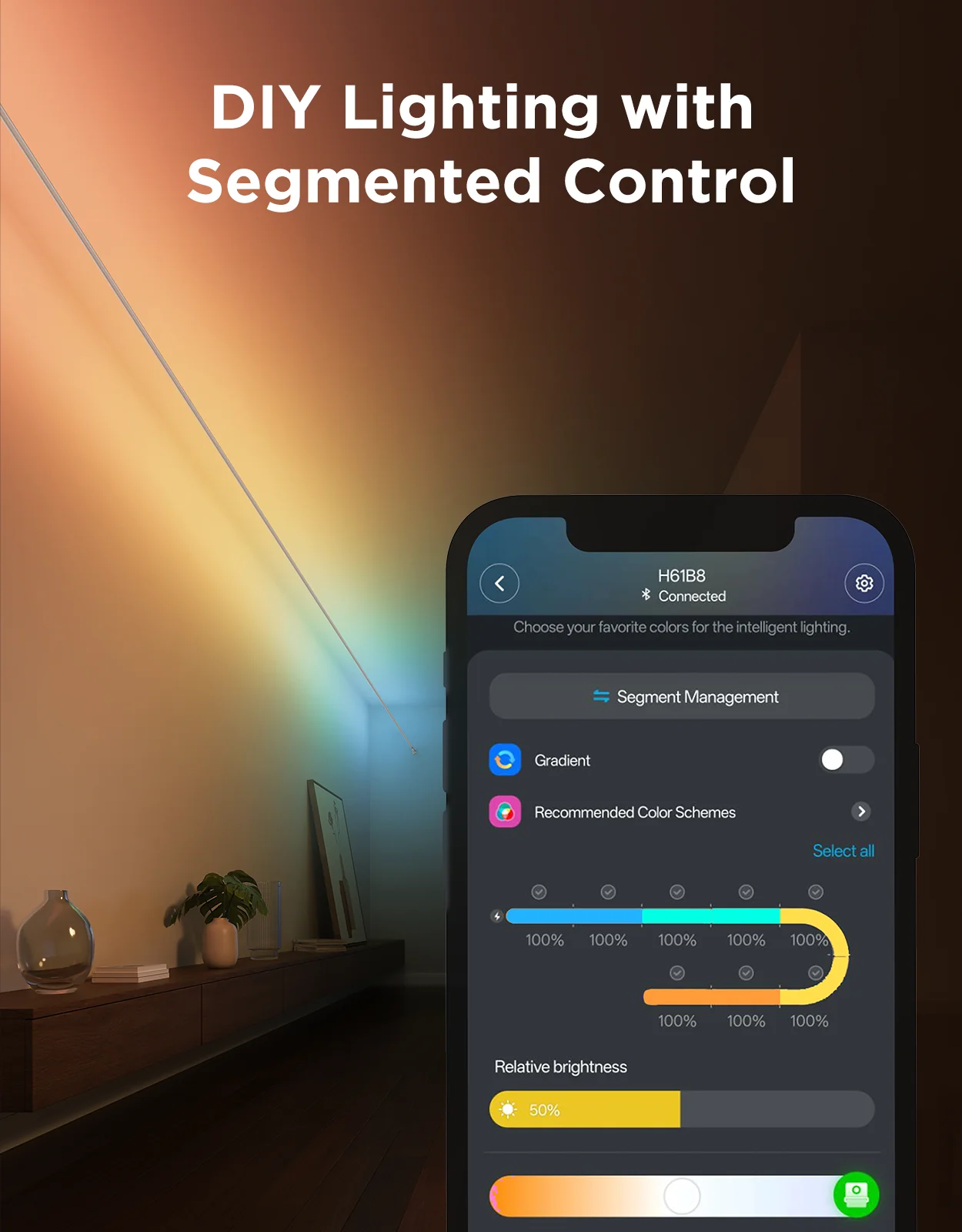 Un telefono mostra i controlli dell'illuminazione. Un muro ha una striscia luminosa con sfumature di colore. Testo: Illuminazione fai-da-te con controllo segmentato.