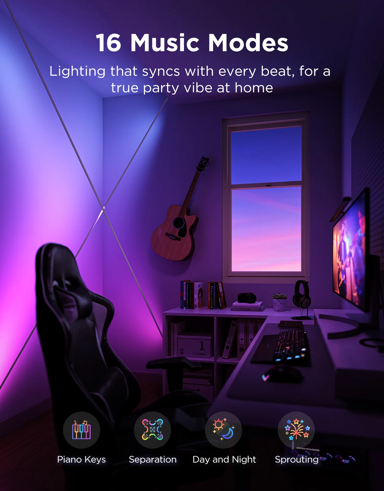 Una stanza illuminata con tonalità viola e blu. Una chitarra è appesa al muro. C'è una configurazione di computer su una scrivania.
