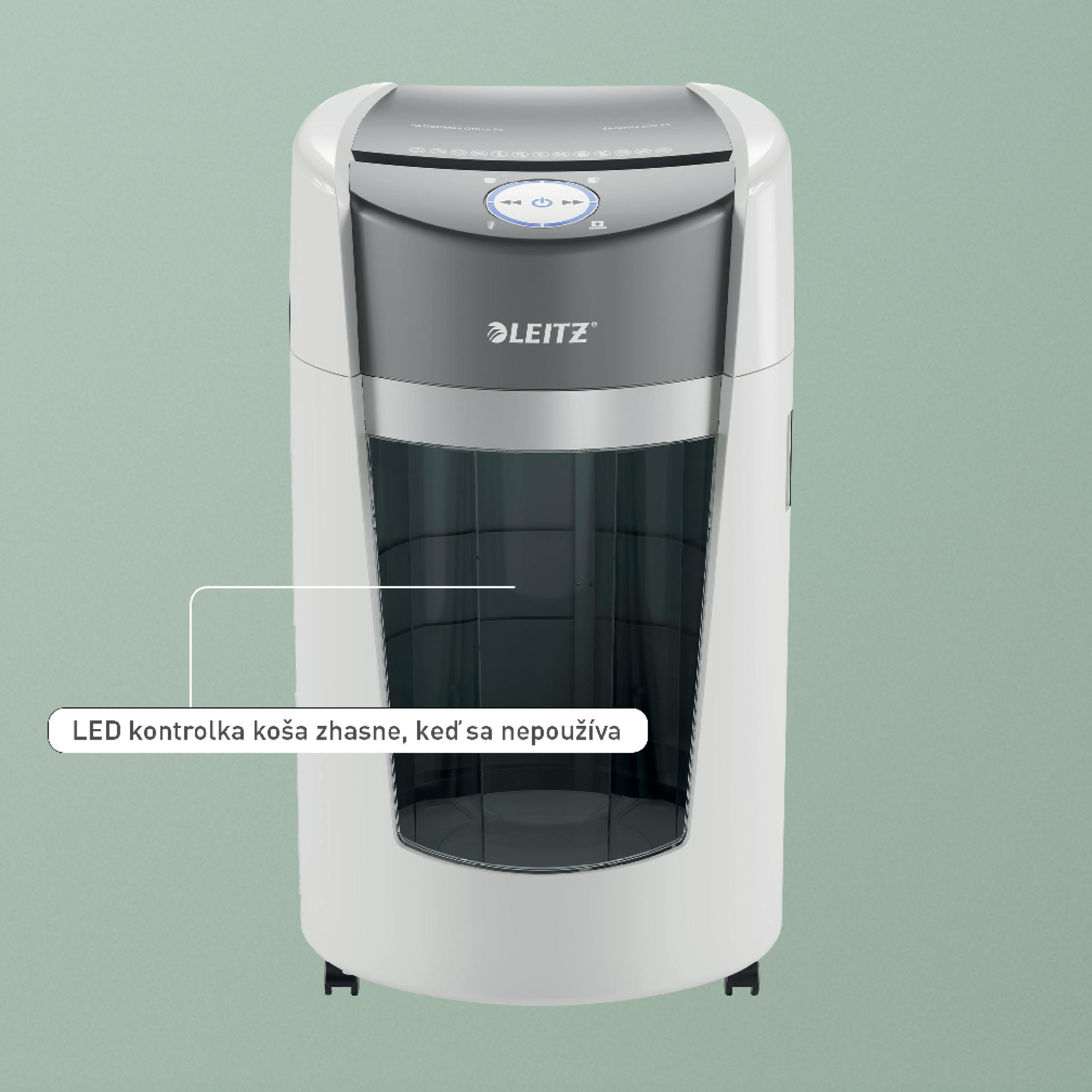 Weiß-grauer Leitz-Aktenvernichter, LED-Anzeige. Der Hintergrund ist hellgrün.