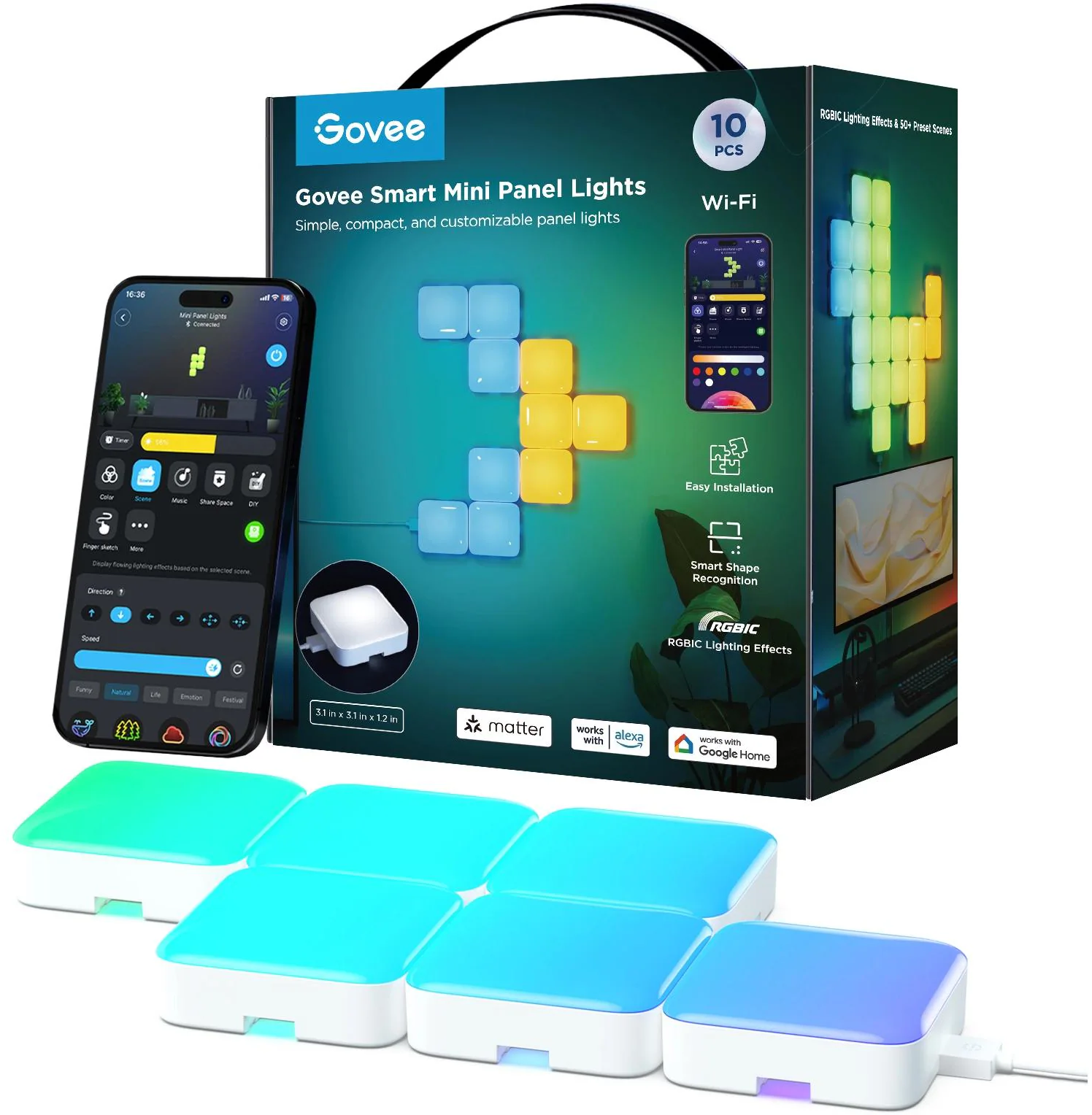 Una scatola di luci a pannello intelligente Govee con un telefono che mostra l'interfaccia dell'app e le luci. Sotto la scatola ci sono diversi pannelli.