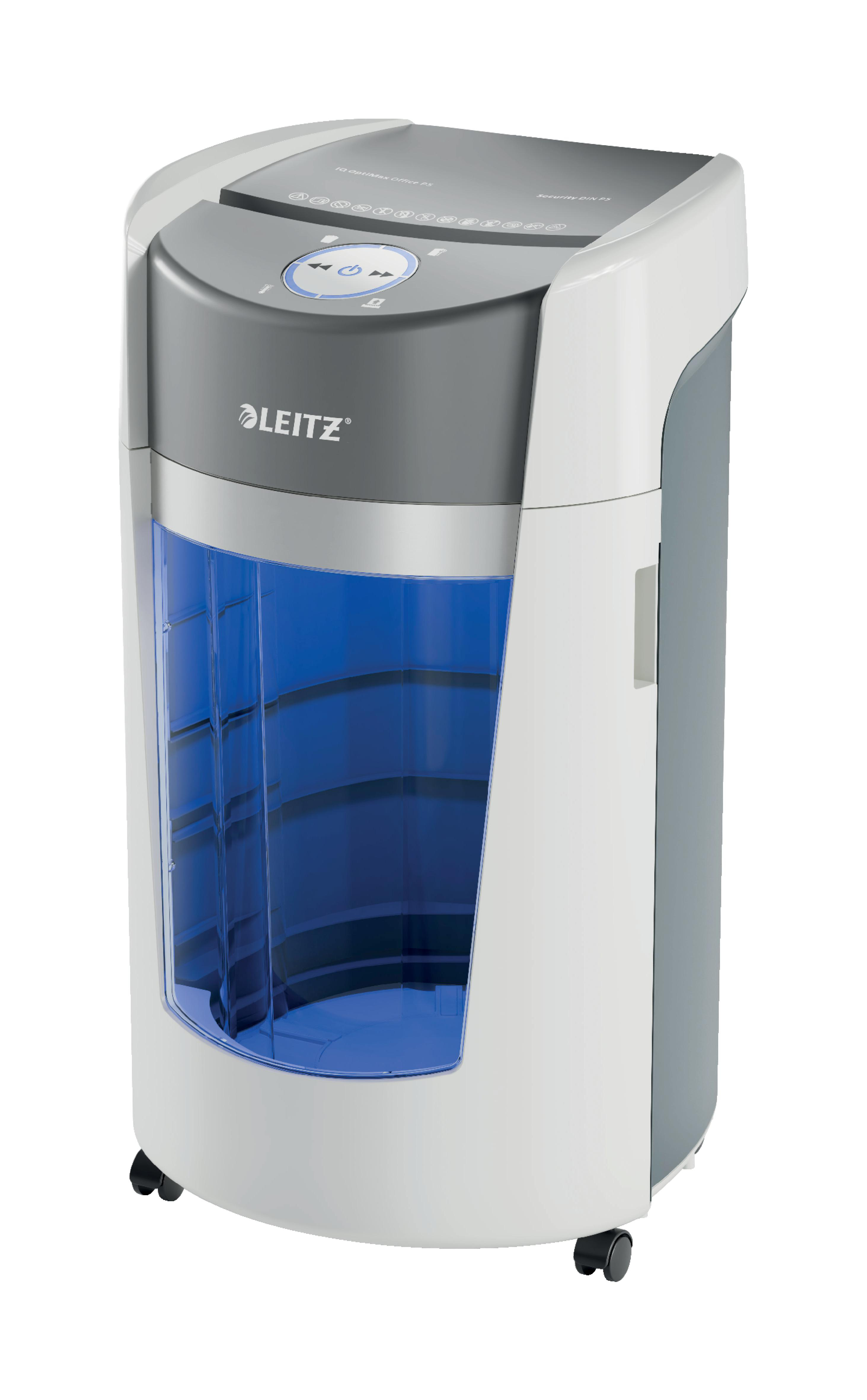 Ein weiß-grauer Aktenvernichter mit blauem Behälter. Er hat das Leitz-Logo.