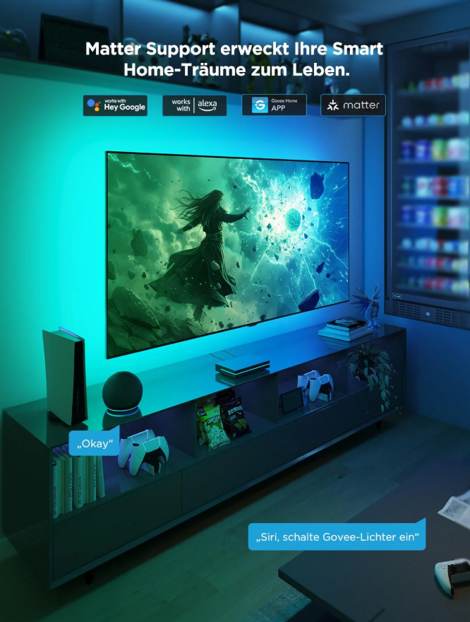 Un soggiorno con una TV che mostra una scena fantasy, dispositivi per la casa intelligente e la frase 'Matter Support erweckt Ihre Smart Home-Traume zum Leben.'