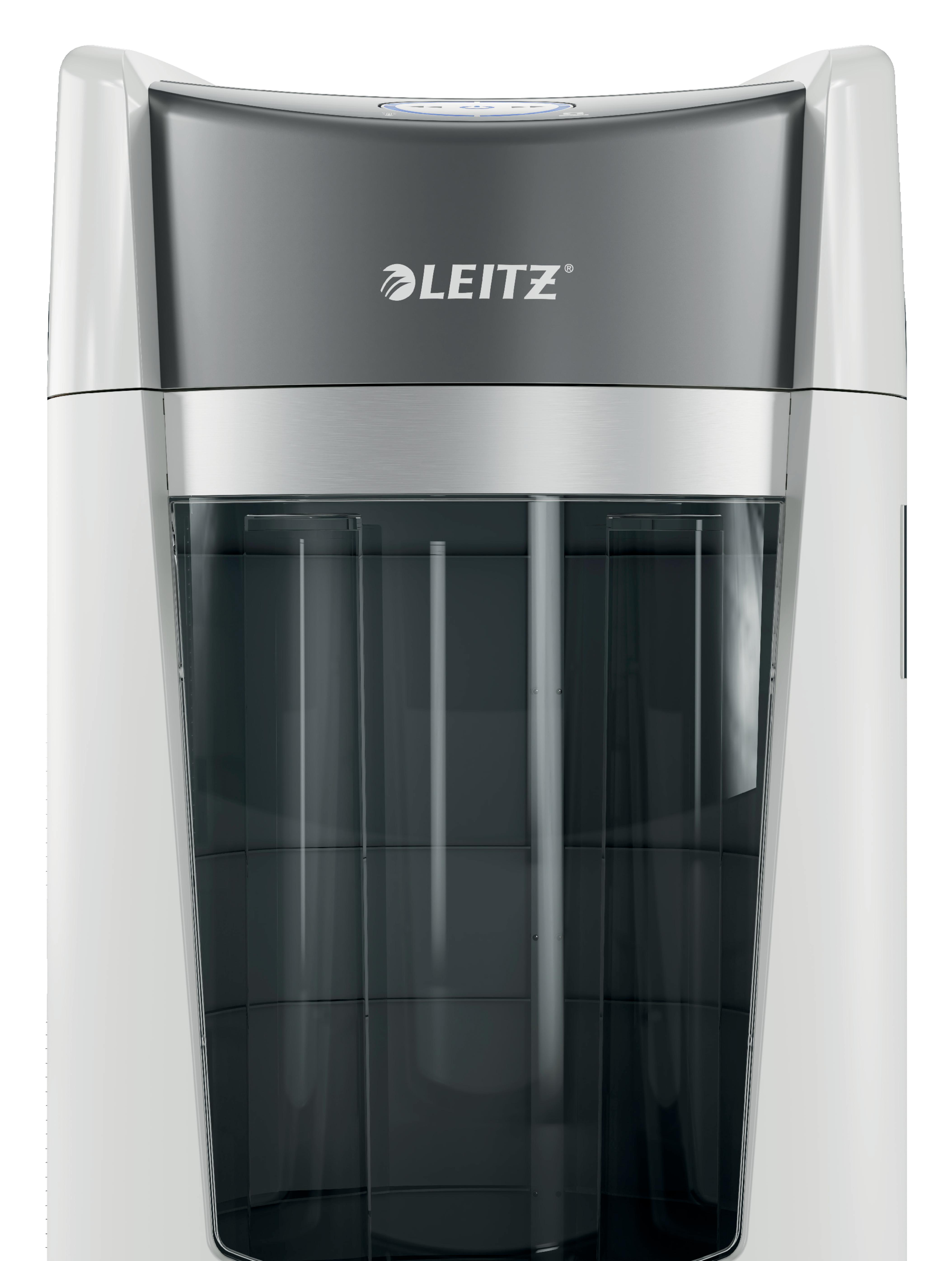Ein weißer und grauer Aktenvernichter mit dunklem Behälter. Das Leitz-Logo ist sichtbar. Das Design ist modern und elegant.