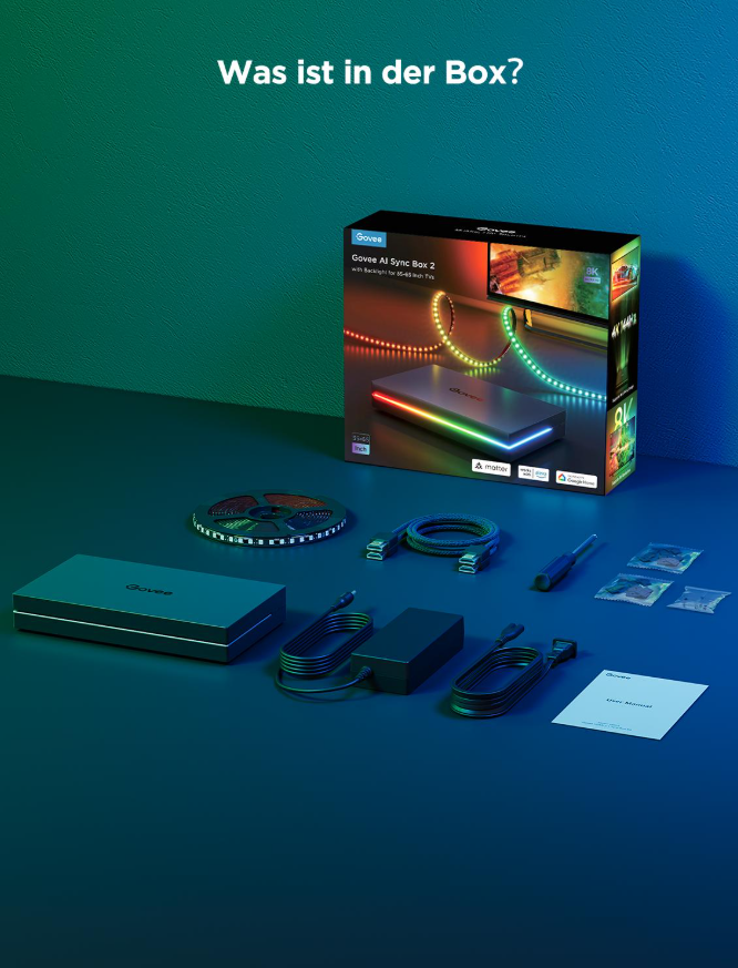 Viene mostrato un kit Govee AI Sync Box 2, con scatola, striscia LED, cavi, adattatore di alimentazione e accessori. La scatola mostra una TV.