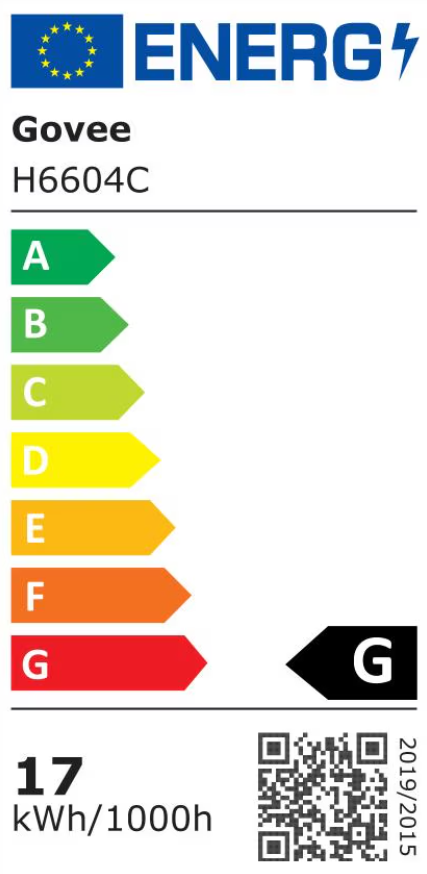 Etichetta energetica per un prodotto Govee H6604C. Mostra le classi di efficienza energetica da A a G, con il prodotto classificato come G. Mostra anche 17 kWh/1000h.