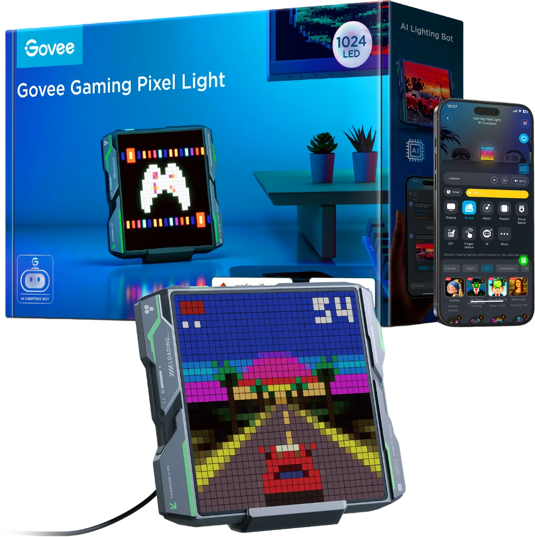 Un set Govee Gaming Pixel Light. Include un dispositivo che mostra un gioco, una scatola e un telefono con l'app.