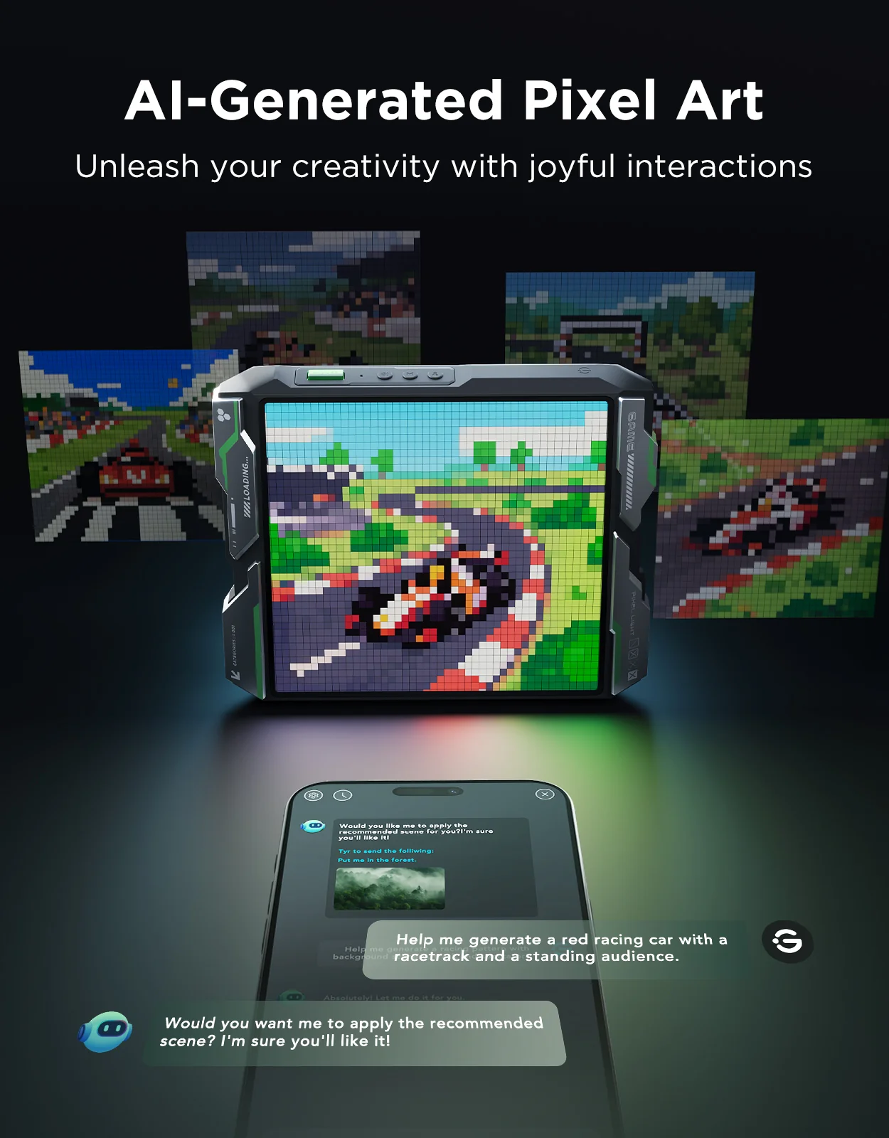 Un tablet mostra pixel art di un'auto da corsa su una pista. Un telefono sotto mostra una chat con l'IA, che genera immagini.