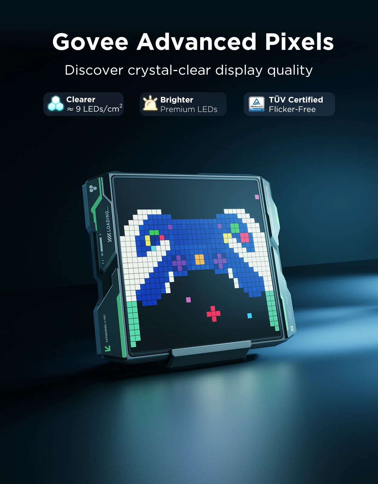 Un display mostra un controller di gioco pixelato. Il dispositivo è nero con accenti verdi. Il testo in alto dice 'Govee Advanced Pixels'.