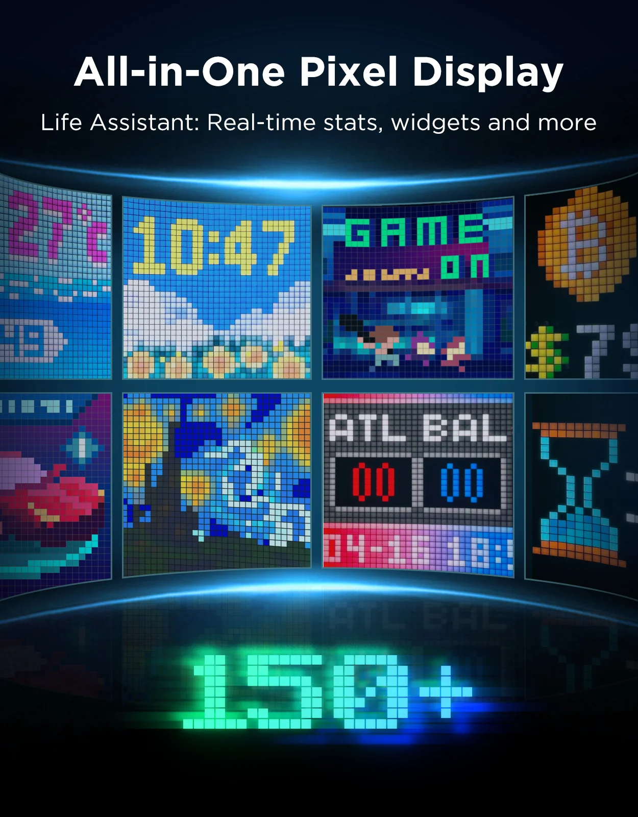 Un display a pixel all-in-one con vari widget che mostrano l'ora, le informazioni di gioco e altre statistiche. Il numero '150+' è in basso.