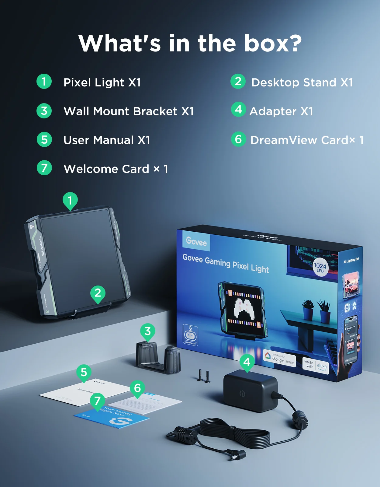 L'immagine mostra il contenuto di una scatola Govee Gaming Pixel Light. Include pixel light, supporto, staffa, adattatore, manuale e biglietto di benvenuto.
