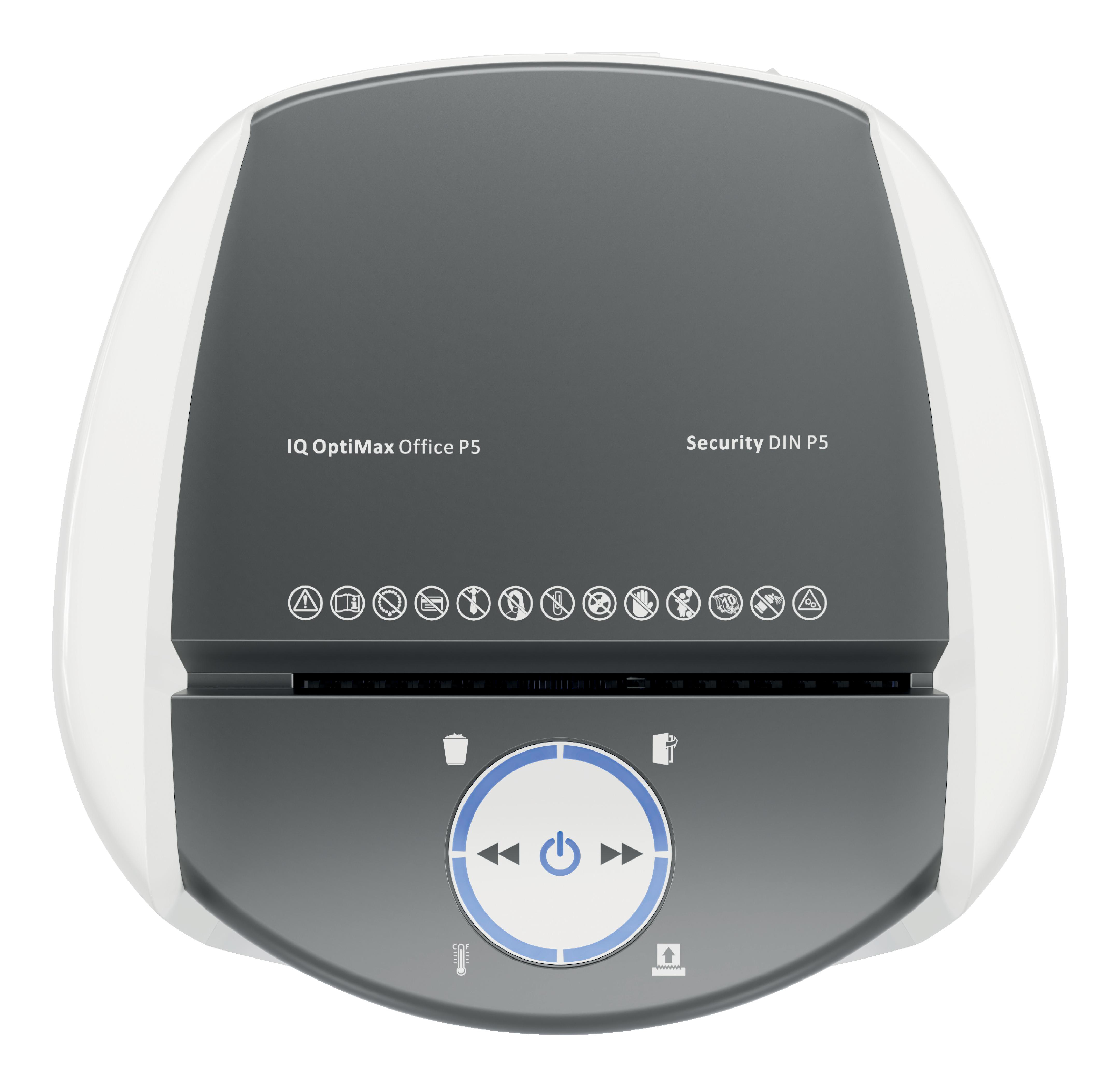 Ein Papieraktenvernichter, weiß und grau, Draufsicht. Es hat Knöpfe und Symbole. Der Modellname ist IQ OptiMax Office P5.