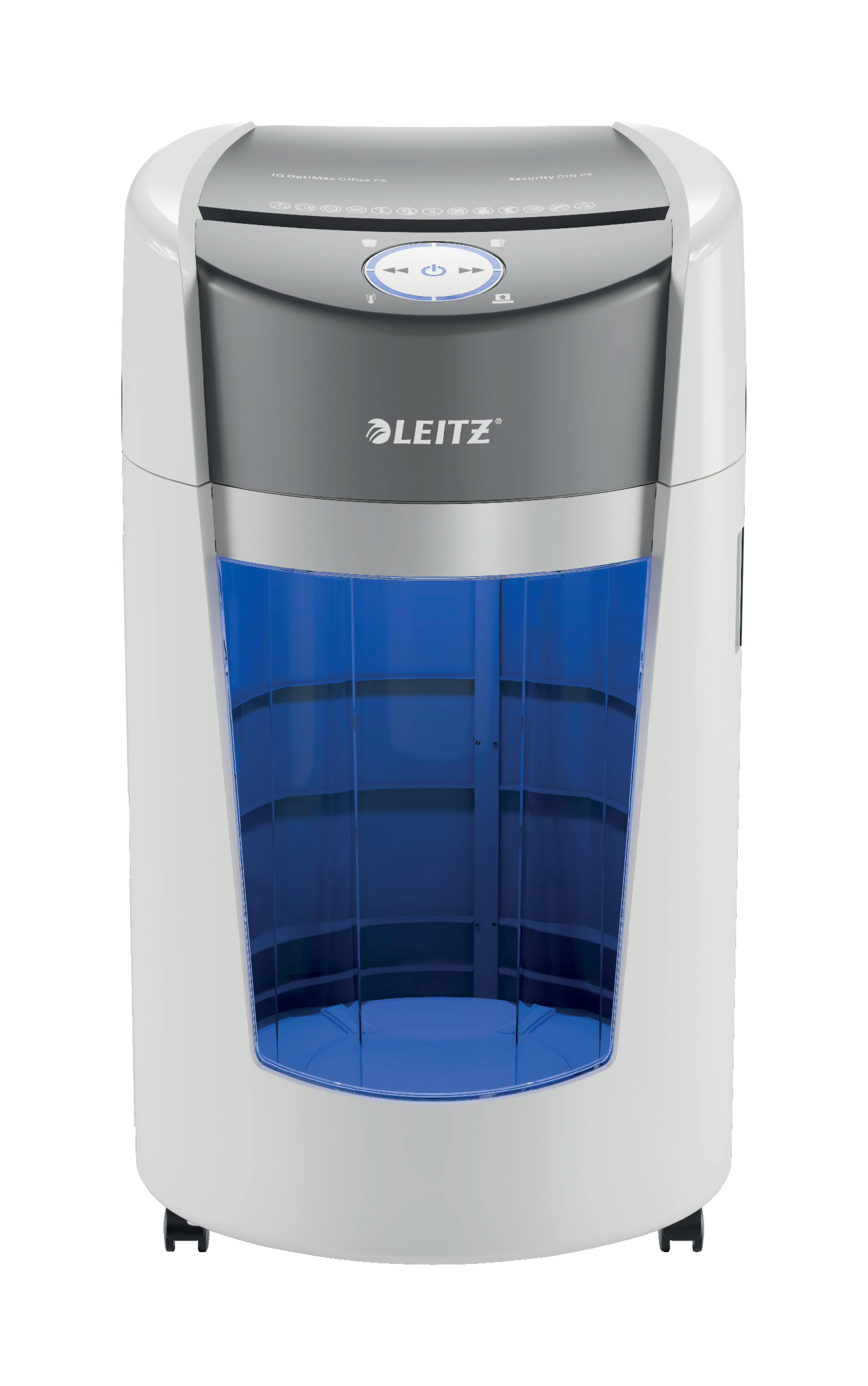 Ein weiß-grauer Aktenvernichter mit einem blauen, transparenten Abschnitt vorne.