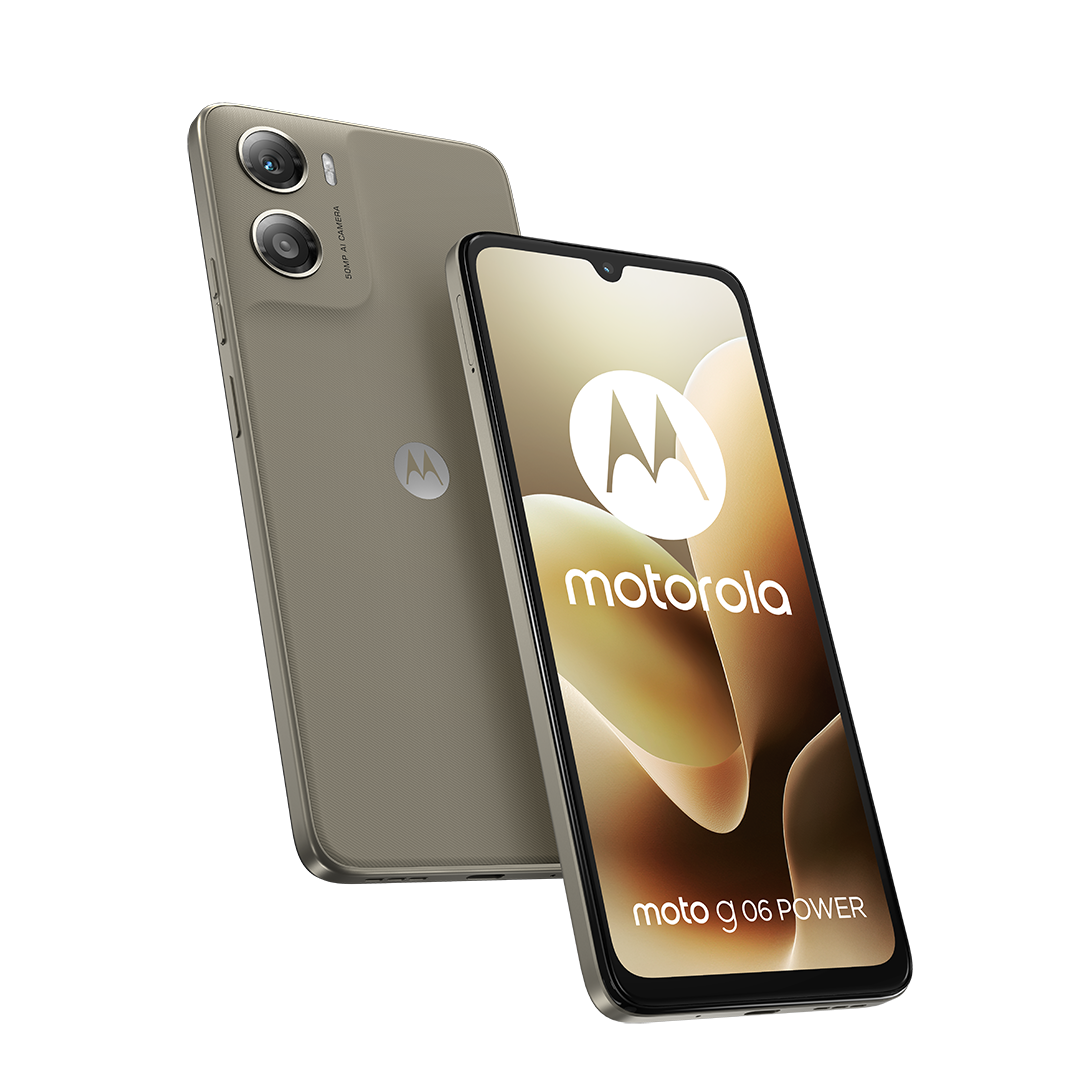 Két Motorola okostelefon. Az egyik a képernyőt mutatja logóval és szöveggel, a másik a hátlapot kamerákkal és logóval.