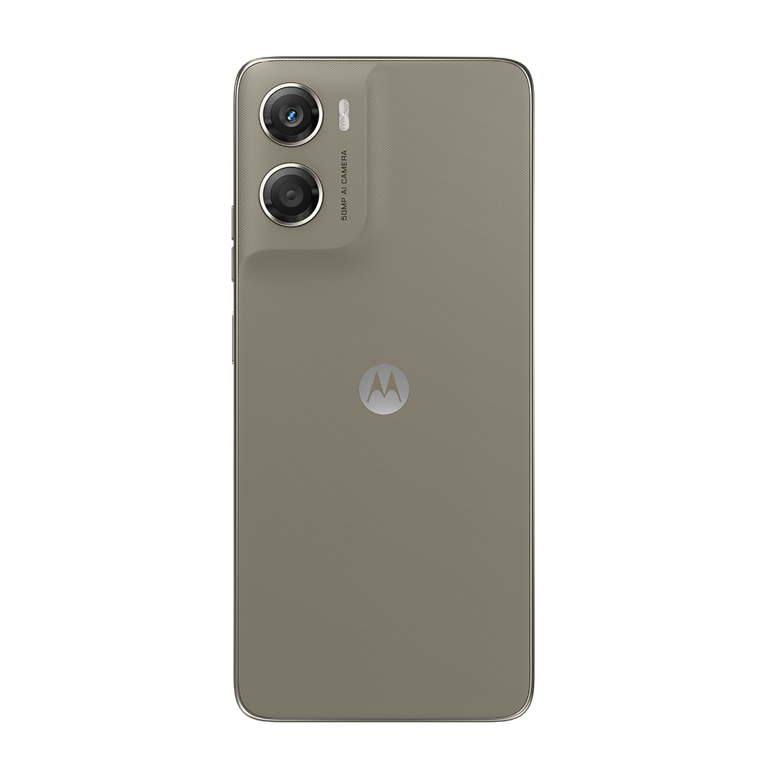 Világosbarna színű okostelefon hátlapja. Kettős kamerái, a Motorola logója és az '50MP AI CAMERA' felirat látható.