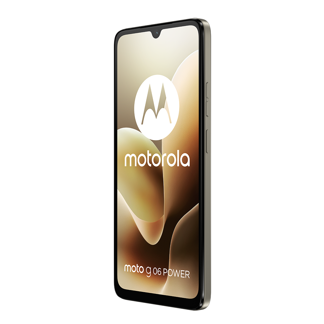 Egy Motorola telefon a Motorola logóval a képernyőn. A telefon szürke, fehér háttéren.